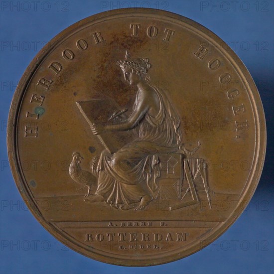stamp cutter: A. Bemme, Price tag of the Teekengenootschap HEREDOOR TO HOOGER, price medal medal figure bronze, Image Muse
