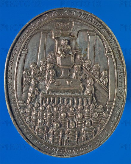 Plaque medal on the death of Reverend Johannes Wilkens at the age of 34 in 1696, death certificate plaque medal penning footage