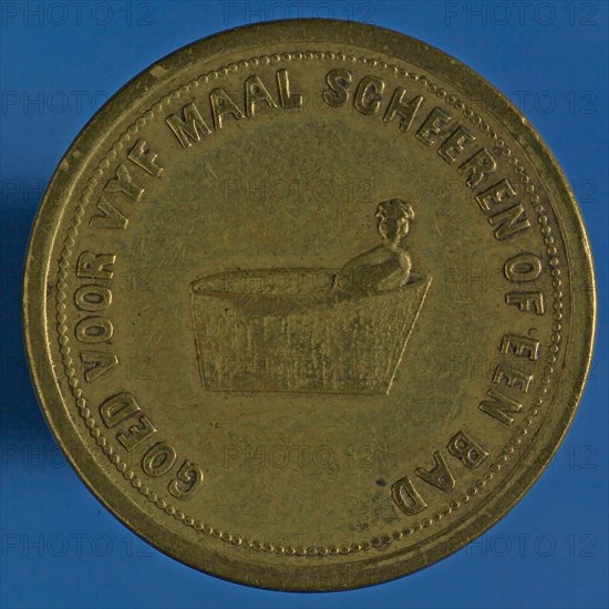 House currency of .. Dirckx, hairdresser in Rotterdam, house currency coin money swap copper, figure in bathtub, GOOD FOR FIVE