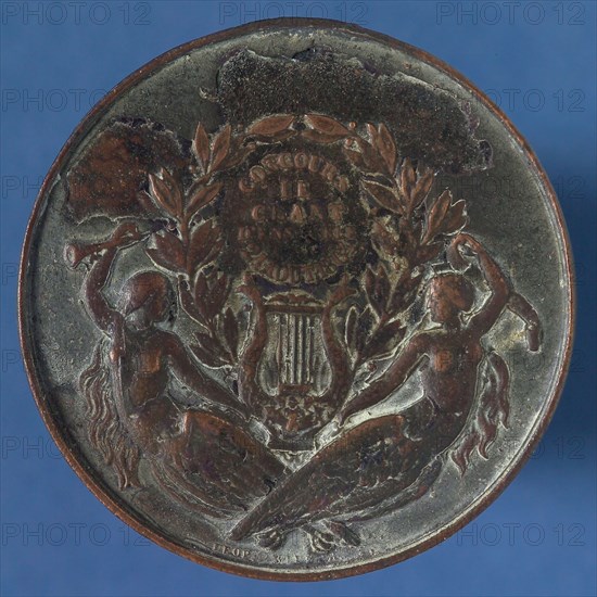 Medal of the Concours de chant, Antwerp, 1864, medallions bronze bronze, Lier with two conjoined laurels; two naked women