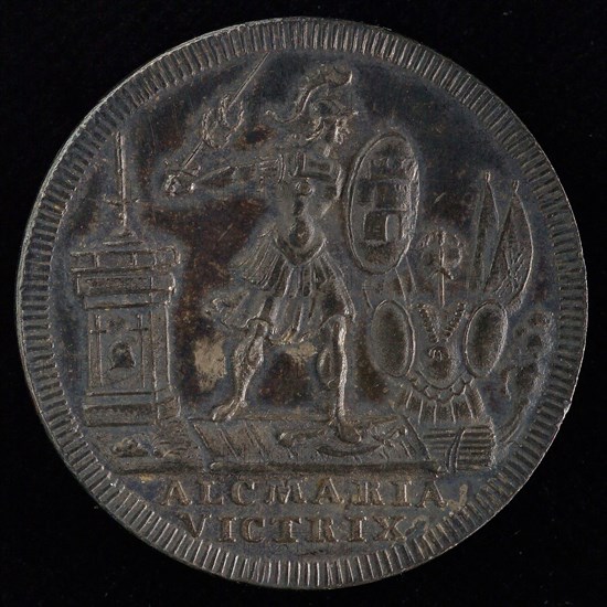 Medal of the Vroedschap of Alkmaar, tooling medal penning identification carrier silver, armored female figure depicting Alkmaar