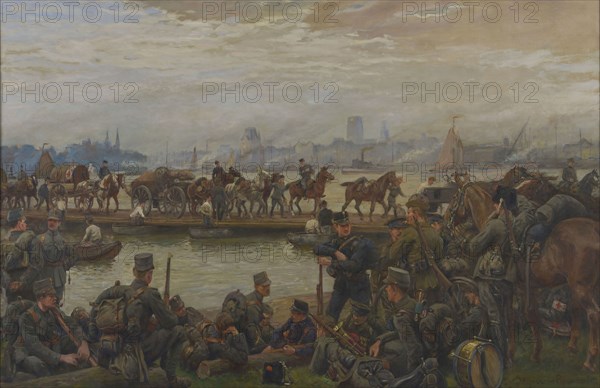 Jan Hoynck van Papendrecht, Military exercise on the Meuse, view of Rotterdam, painting visual material linen oil paint, Oil
