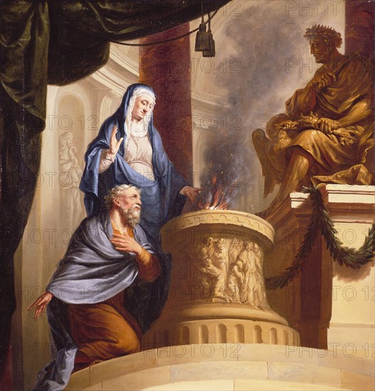 Elias van Nijmegen (Nijmegen 1667 - Rotterdam 1755), Altar of Vesta, burnt offering to Zeus, chimney piece? painting footage