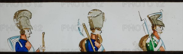 Hand-painted lantern plate with three soldiers, slide slide diapositive footage glass paper, Hand-painted slide with top