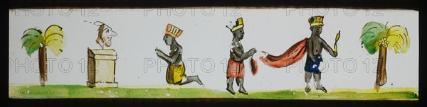 Hand-painted lantern plate with negroes, slide plate slideshope images glass paper, Hand-painted slides with top and bottom