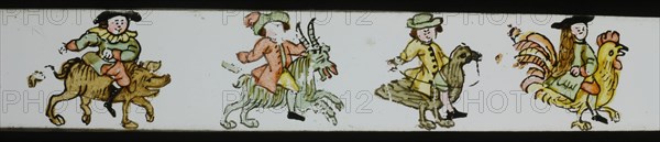 Hand-painted lantern plate with men on animals, slide plate slideshope images glass paper, Hand-painted slides with top