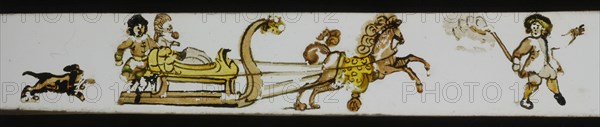 Hand-painted lantern plate with horse sleigh, slide slide slideshoot images glass paper, Hand-painted slides