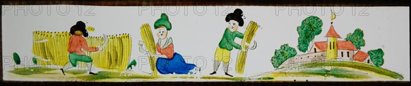 Hand-painted lantern plate with harvesting farmers, slide slide diapositive footage glass paper, Hand-painted slide