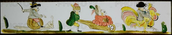 Hand-painted lantern plate with carnivalesque procession, slide plate slideshope images glass paper, Hand-painted slides