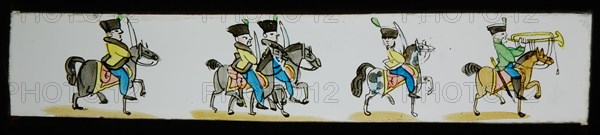 Hand-painted lantern plate with cavalry, slide plate slideshope images glass paper, Hand-painted slides with top and bottom