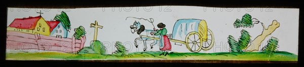 Hand-painted lantern plate with covered wagon and monastery, slideshelf slideshare images glass paper, Hand-painted slides