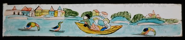 Hand-painted lantern plate with sailing company and water birds, slideshelf slideshare images glass paper, Hand-painted slides