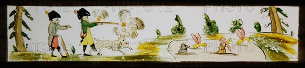 Hand-painted lantern plate with hunting scene, slide slide slide picture glass paper, Hand-painted slide with top and bottom