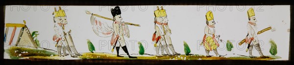 Hand-painted lantern plate with marching soldiers, slide plate slideshope images glass paper, Hand-painted slides
