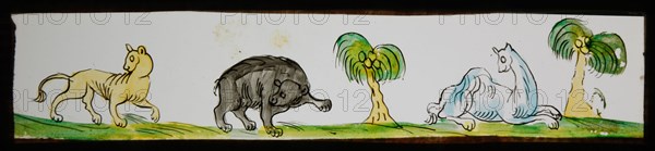 Hand-painted lantern plate with wild animals and palms, slide slide slideshope images glass paper, Hand-painted slides