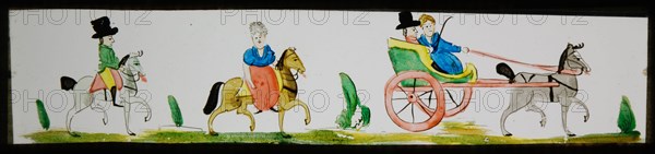 Hand-painted lantern plate with men and women on horseback and in carriage, slide plate slideshope images glass paper, Hand