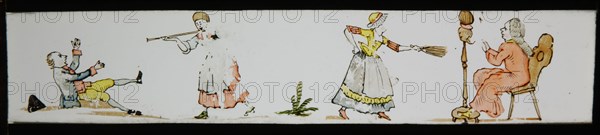 Hand-painted lantern plate with men threatened by women, slide plate slideshope images glass paper, Hand-painted slides with top