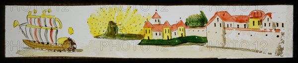 Hand-painted lantern plate with harbor and sailing ship, slide plate slideshope images glass paper, Hand-painted slides