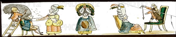 Hand-painted lantern plate, depicting the nobility with high wigs, slide plate slideshope images glass paper, Hand-painted