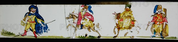 Hand-painted lantern plate with strangely dressed soldiers, slideshelf slideshare images glass paper, Hand-painted slides
