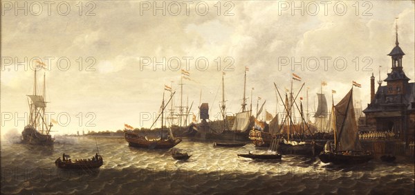 Lieve Verschuier, Arrival of first-class company in Rotterdam, painting visual material oil painting wood panel, Painting: oil