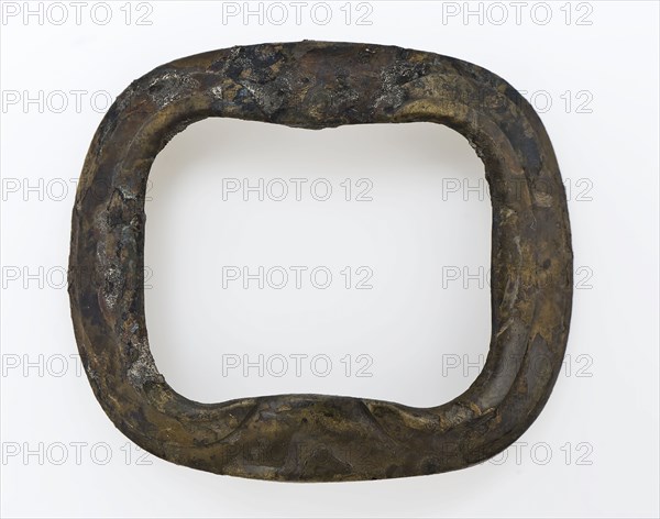 Slightly curved rectangular buckle with rounded corners, buckle fastener component soil find copper brass metal, cast Slightly