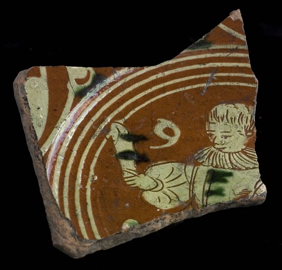 Bottom fragment of Werra plate, mirror-decorated lady with cup In hand, pale yellow and green glaze, plate crockery holder soil