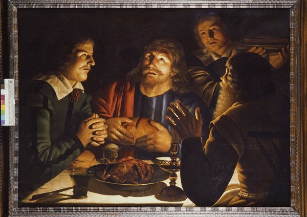 Crijn Hendricksz. Volmarijn, Christ in Emmaus, painting footage oilpaint wood panel, Oil on panel in wooden stained frame signed