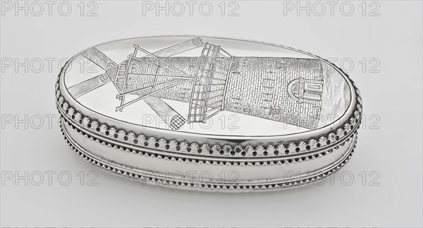 Jacobus Das van Leyden, Silver oval tobacco box engraved with representation of the Blauwmolen, high stone mill, and Joseph