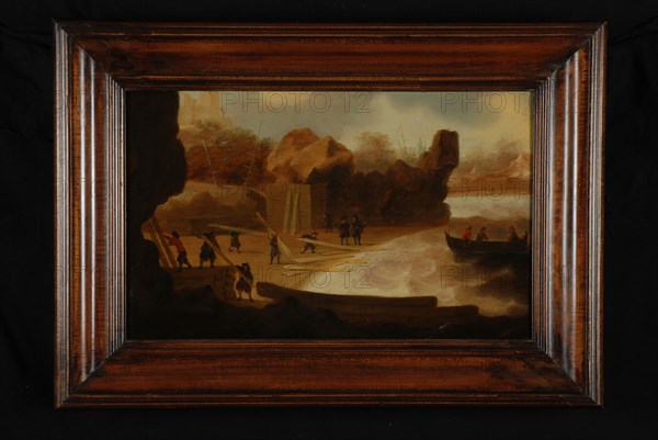 Abraham Verlinden, Wood yard to bay, painting footage oil painting wood, Painting: oil on panel lying rectangle