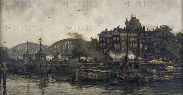 August Willem van Voorden, The Vierleeuwenbrug at the Oude Haven in Rotterdam, cityscape painting of canvas linen oil paint