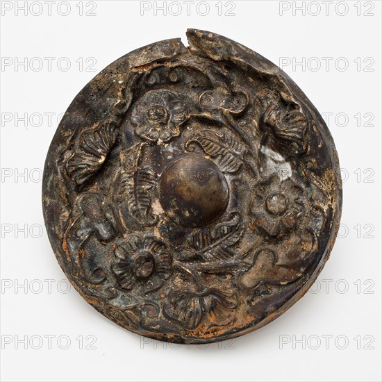 Copper fittings with iron back plate and flower decoration, ornament batter ground find brass iron metal, beaten archeology