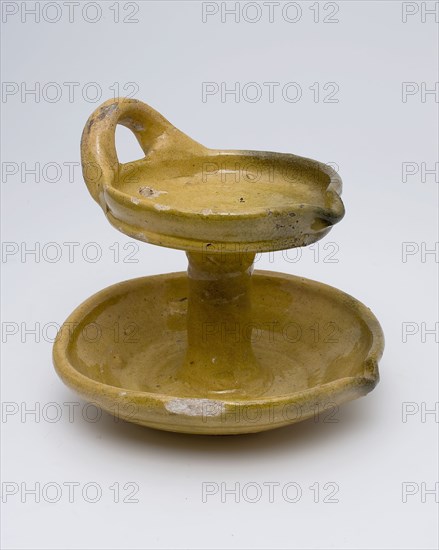 Yellow glazed earthenware oil lamp with two scales, one column in between, oil lamp lamp lighting fixture soil finding ceramic