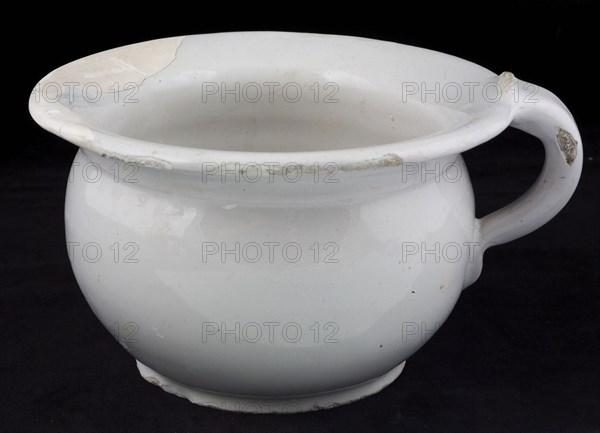 Pottery chamberpo, wide top edge and attached tape ear, white glazed, pot holder sanitary soil find ceramics pottery glaze tin