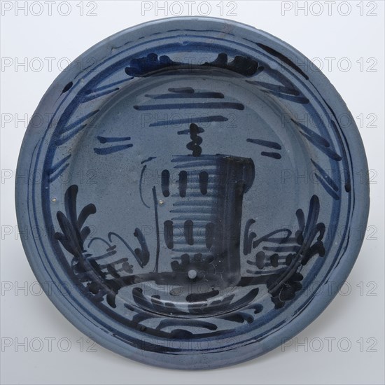 Blue majolica, berettino dish with tower as image, dish crockery holder soil find ceramic earthenware glaze tin glaze, hand