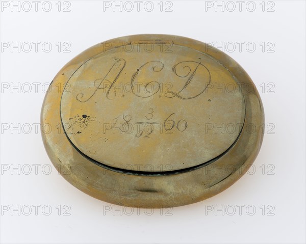 Oval tobacco box with engraved monogram .C.D, 3-12-1860 on hinged lid, tobacco box holder copper brass, Oval round wall hinging