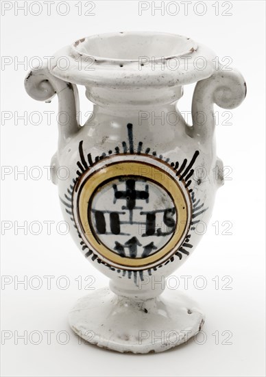 Faience altar vase with in medallion IHS, altar vase vase tableware holder earth discovery ceramics earthenware glaze tin glaze