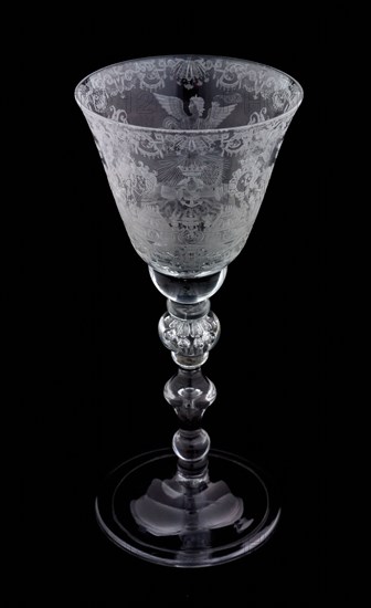 meester van het Vingerhoedglas (engraving), Chalice, wedding glass, engraved for marriage in 1738 by Jean Bichon and Jacoba