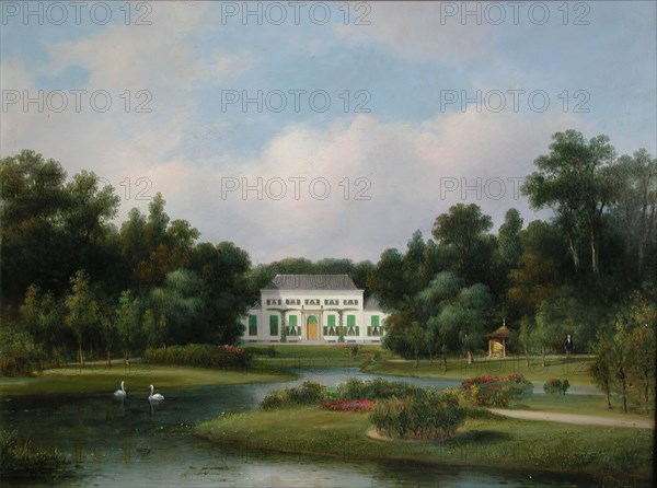 Lodewijk Johannes Kleijn, View of the country house De Heuvel in the Park with pond containing two swans, landscape painting