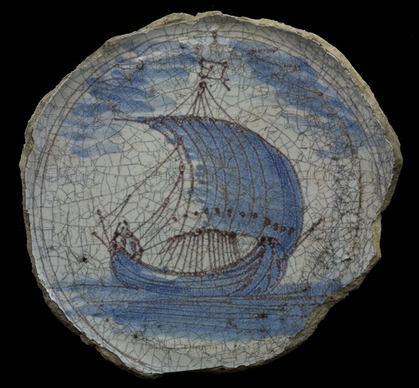 Fragment faience plate with image ship, blue and purple on white ground, plate dish crockery holder fragment earthenware