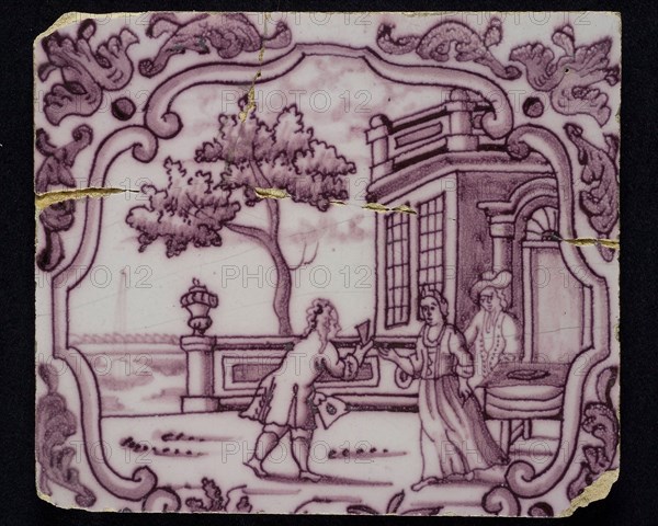 tile manufacturer: Aalmis, Scene tile, gentleman with lady at tea house, corner motif accolade with praise, wall tile