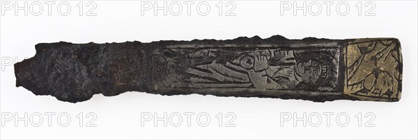 Mesheft with engraved representations of Peter and Virtue, has knife cutlery soil find copper brass tin metal, forged cast