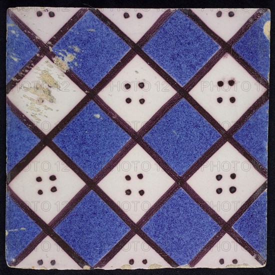 F.J. Kleyn, Ornament tile with checkerplate motif, wall tile tile sculpture ceramic earthenware glaze, baked 2x painted glazed