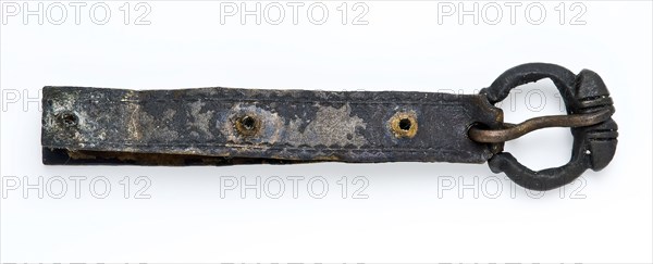 Buckle with long fastening strip, hinged buckle, clasp fastener component soil find bronze brass copper metal, archeology