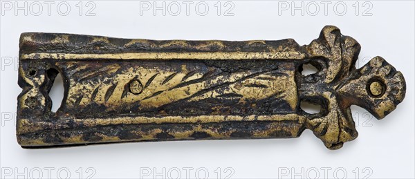 Brass tongue, elongated from two parts riveted together, engraved decoration, fitting belt clothing accessory clothing soil find