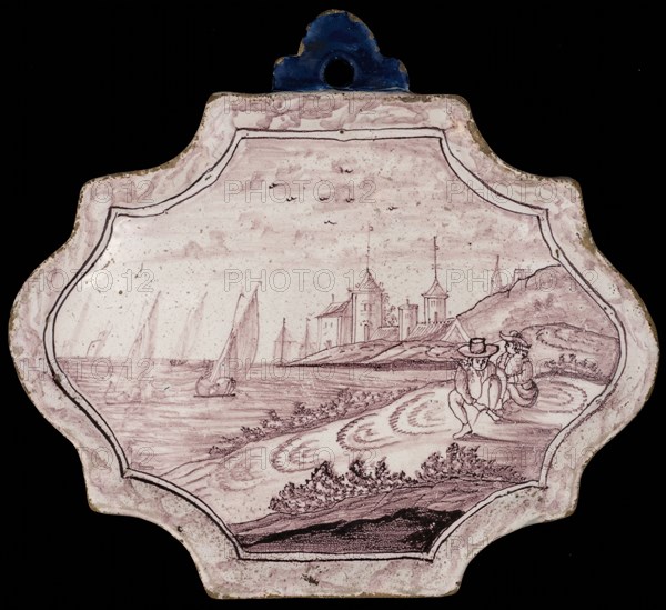 tile manufacturer Delftsevaart or Hoogstraat, Purple plaque, hilly river landscape with left sailing ships, plaque tile footage