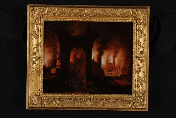 Claes Jansz. van der Willigen, The fire of Troy, with fleeing people and the horse of Troy, painting footage wood oil, Oil