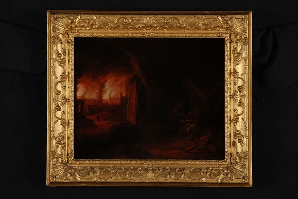 Claes Jansz. van der Willigen, The fire of Sodom and Gomorrah, with Lot in the foreground and his daughters, painting footage
