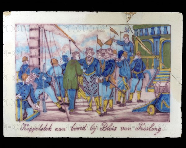 Rectangular multi-colored tile, with historical image. Dock on plate at Blois van Treslong, tile sculpture plaque ceramic