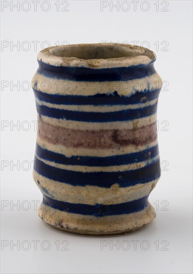 Small majolica albarello with blue and purple decor of bands on white ground, albarello holder soil find ceramic earthenware